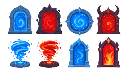 Fototapeta na wymiar Set of fantasy magic portals and elemental vortex icons