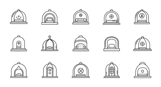 A collection of fifteen diverse domed structures is arranged in a grid pattern featuring varying architectural details on a clean and uniform white background surface.