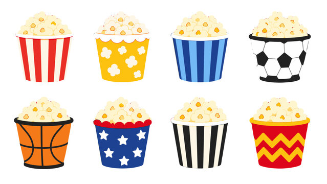 Set of colorful popcorn buckets with striped and sports designs