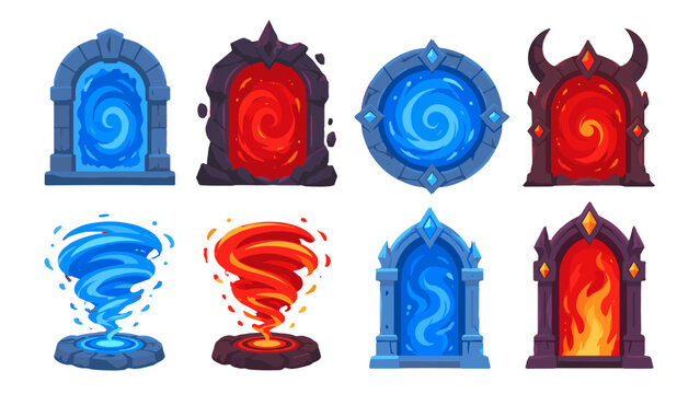 Set of fantasy magic portals and elemental vortex icons
