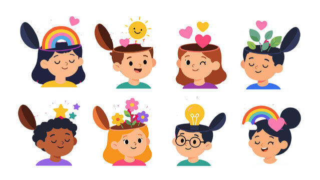 Cute cartoon children with open heads and imaginative ideas