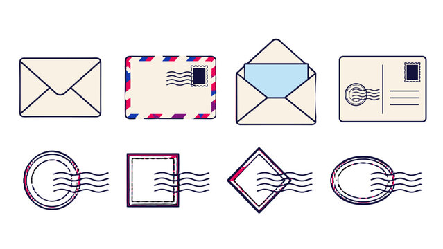 Set of envelope, postcard and postmark line icons