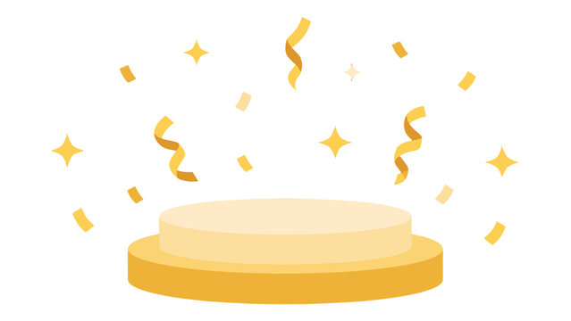 Golden round podium with confetti and sparkle decorations
