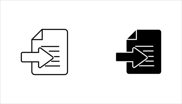 Minimal outline icon of a document with an inward arrow representing file import, document upload, data transfer, content submission, and digital workflow processes. Suitable for software interfaces, 