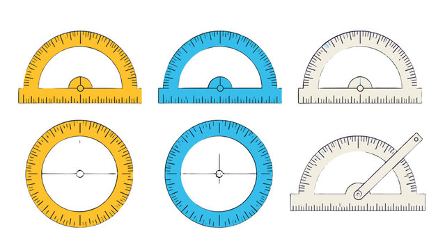 Set of colorful protractor ruler icons and angle measuring tools