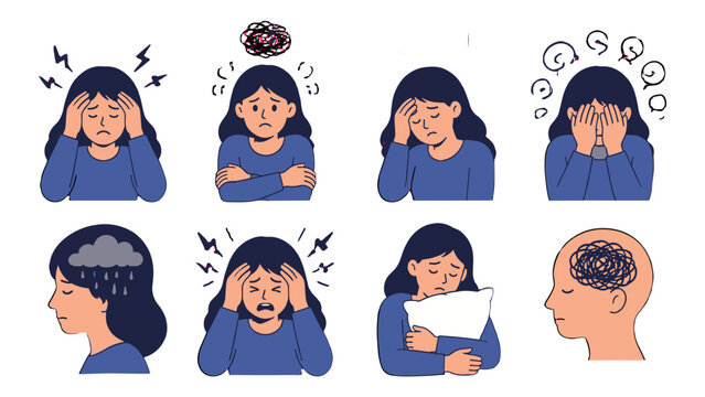 Set of stressed woman mental health and anxiety illustrations