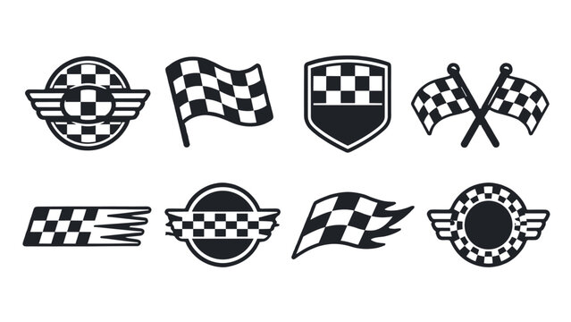 Set of black and white checkered racing flag emblems