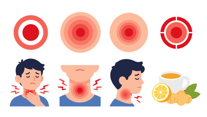 Obraz premium Sore throat symptoms and ginger lemon tea vector set