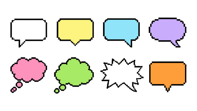 Pixel art speech and thought bubble set on white background