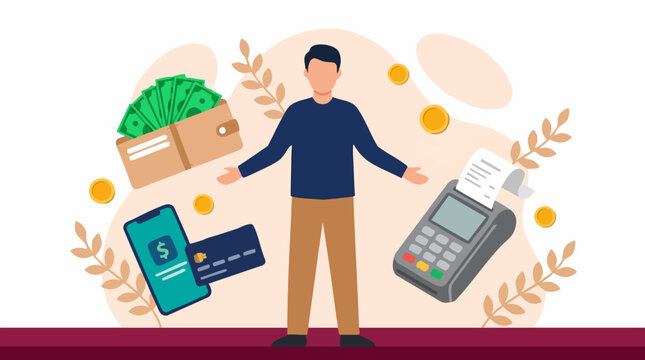 Illustration of various payment methods: cash, card, and mobile payments