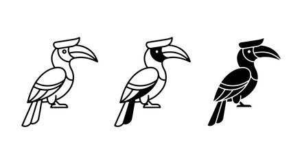 Three Stylized Hornbill Bird Icons, Vector Graphics Set: Outline, Filled, Silhouette. Tropical Avian Wildlife. © Ruksana