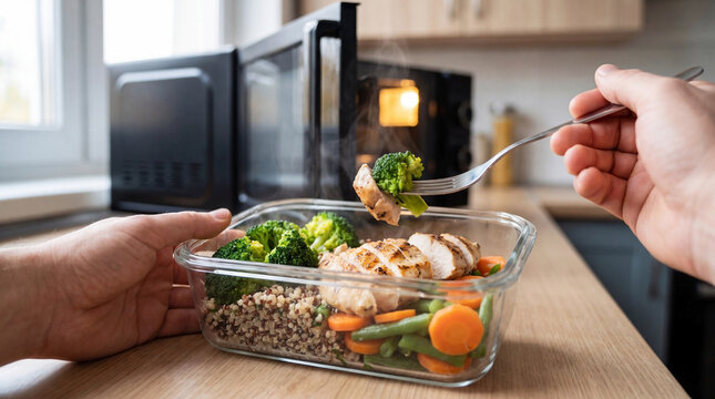 Woman eating prepared rice and vegetable meal from glass food container, healthy lunch and home food concept.