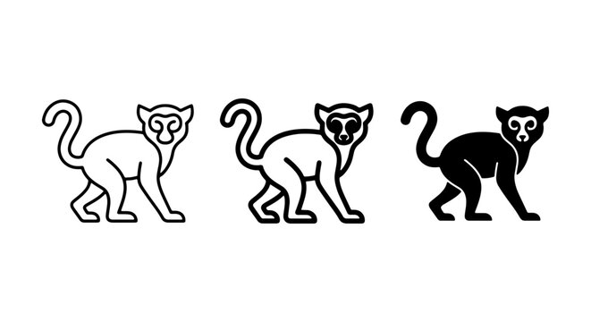 Monkey Icons Set: Three Styles of Primate Vector Graphics, Silhouette and Outline, Animal Symbols for Wildlife and Zoo Themes