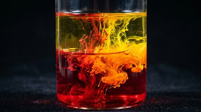 Macro Shot of Red and Yellow Liquids Mixing in Glass on Dark Background