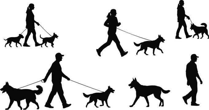 Black silhouettes of active people walking and running with their pet dogs on leashes isolated on white background
