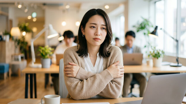 オフィスの冷房を寒がる女性