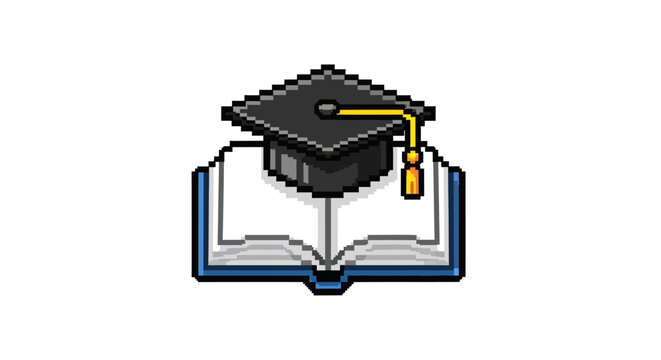 Pixel Art Graduation Cap Placed on Open Book Icon.