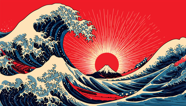 Traditional Japanese Great Wave Vector Art Illustration with Mount Fuji and Red Rising Sunburst Background - Iconic Ukiyo-e Style Sea Waves Concept for Modern Graphic Design Projects