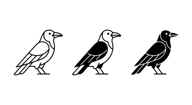 Three Raven Icons, Vector Silhouettes, Black and White Bird Graphics, Minimalist Crow Illustrations for Design