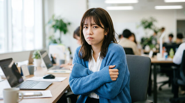 オフィスの冷房を寒がる女性
