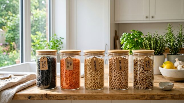 Sustainable kitchen five glass jars filled with assorted healthy lentils and legumes, neatly arranged on a bright wooden counter, promoting wholesome cooking