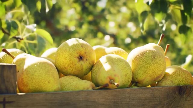 Yellow pears in a rustic wooden crate at a sunny orchard during harvest
