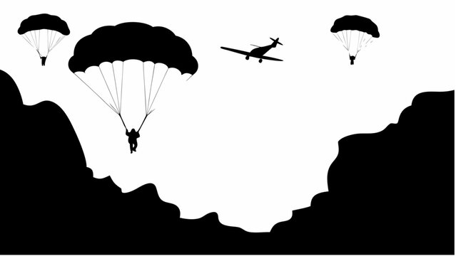 Paratroopers jump from plane over rugged landscape in freefall