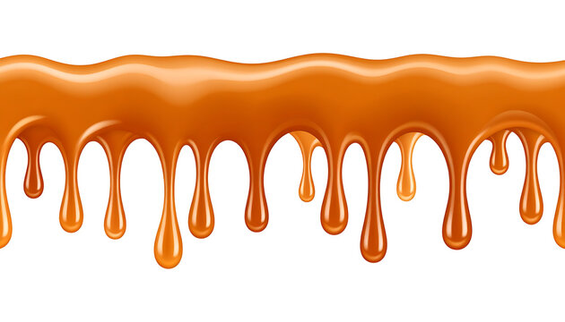 Dripping caramel sauce border, liquid candy texture, sweet dessert topping, flowing golden brown syrup