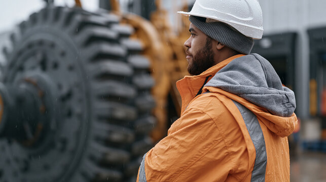 Logistics supervisor watching a massive gear mechanism turn against the backdrop of a rain soaked industrial loading dock, the rotating teeth representing operational traction,