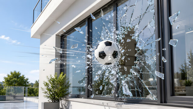 An energetic soccer ball flies through the air, forcefully shattering a large glass window of a contemporary building, resulting in an explosive cascade of broken shards and unexpected damage