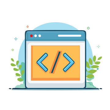 Flat design illustration of code symbols in a browser window