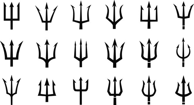 Set of black trident silhouettes and devil pitchfork icons isolated on white background for mythological designs
