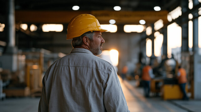 Reshoring logistics director walks a newly reopened domestic assembly floor at twilight, floor workers calibrating machinery, supply chain resilience banners overhead, American