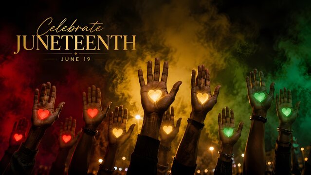 Juneteenth Freedom Day celebration with real raised hands, glowing heart palms, black smoky background, Pan African colors, unity, love and June 19 emancipation Holiday