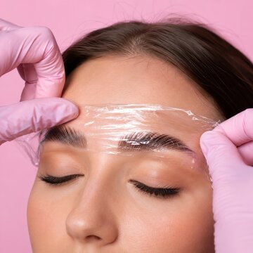 Brow lamination procedure applying plastic wrap on client in beauty salon