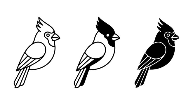 Cardinal Bird Icons Set, Simple Outline and Silhouette Vector Graphics, Avian Wildlife Illustrations for Nature and Ornithology Themes
