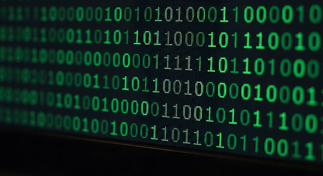 A close up view of green binary code cascading down a dark background depicting digital information data computer