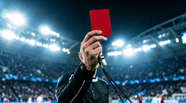 Soccer referee holding up a red card during a match in a crowded stadium