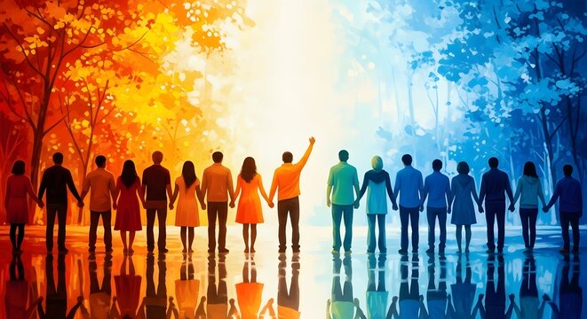 Group of diverse people raising hands at sunset beach with vibrant sky and silhouettes