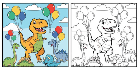 Happy Cartoon Dinosaurs with Colorful Balloons - Fun Prehistoric Party Scene © MstSangita