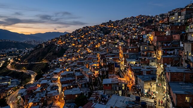 Aerial view of a sprawling hillside favela illuminated by a multitude of lights at dusk, creating a vibrant urban tapestry