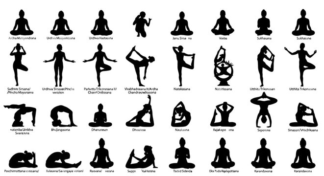 Yoga poses silhouette collection, 28 black vector icons of female figures in meditation and asana positions, wellness and fitness exercise set