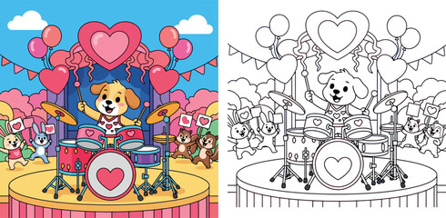 Fototapeta premium Cute Cartoon Animals Performing a Valentine's Day Concert - Puppy Drummer and Cheering Friends