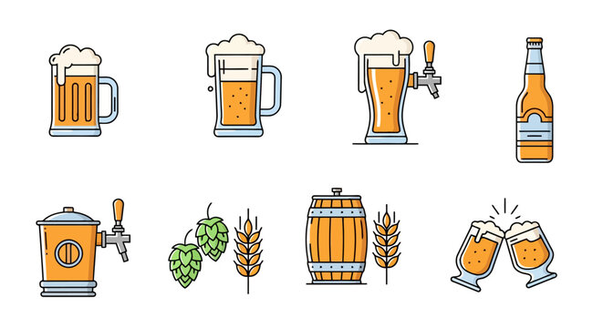 Collection of stylized flat icons representing various aspects of beer and brewing, including glasses, mugs, bottles, a keg, hops, barley, a barrel, and clinking glasses.