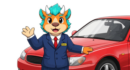 Obraz premium Cartoon dragon car salesman mascot in blue suit, friendly monster character selling red sedan, automotive dealership marketing vector