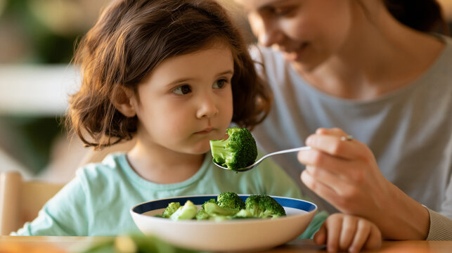 Mom spoon-feeding a little girl broccoli while the child refuses to eat, baby food and healthy eating challenge concept, faceless, faces not clearly visible, defocused background,