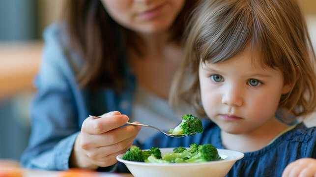 Mom spoon-feeding a little girl broccoli while the child refuses to eat, baby food and healthy eating challenge concept, faceless, faces not clearly visible, defocused background,