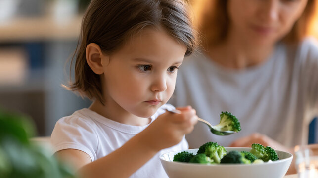 Mom spoon-feeding a little girl broccoli while the child refuses to eat, baby food and healthy eating challenge concept, faceless, faces not clearly visible, defocused background,