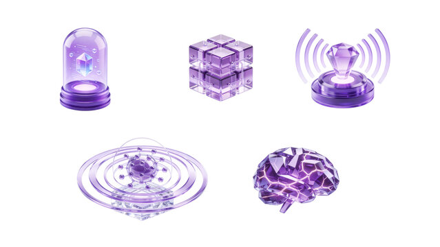 Abstract purple glass trophy award and achievement ribbon badge set, 3D futuristic gamification and success UI elements on white background