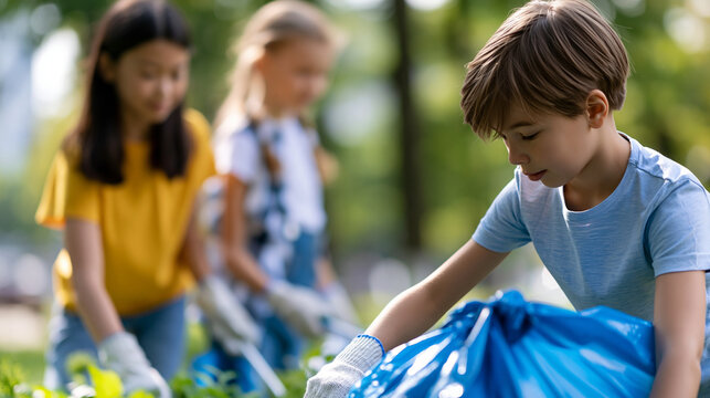 Three children picking up trash together in a park, youth environmental action and community cleanup concept, faceless, faces not clearly visible, defocused park background, with